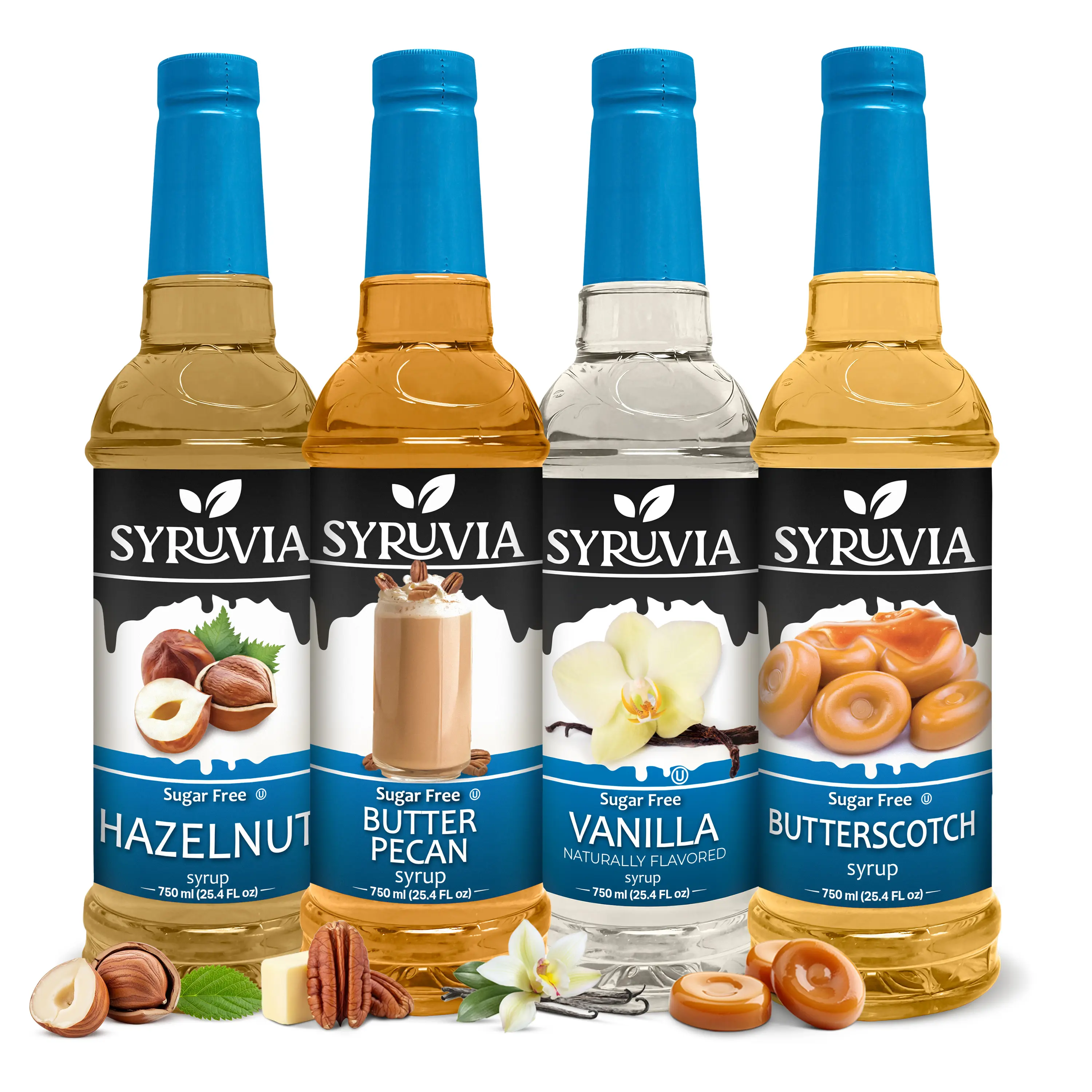 Syruvia Sweet Creamy Sugar-Free Coffee Syrup Variety Pack - 4 Flavor Assortment (Hazelnut, Butter Pecan, Vanilla, Butterscotch) - Gluten-Free, Kosher, 25.4 fl oz Bottles - Ideal for Coffee, Beverages (4-Pack)
