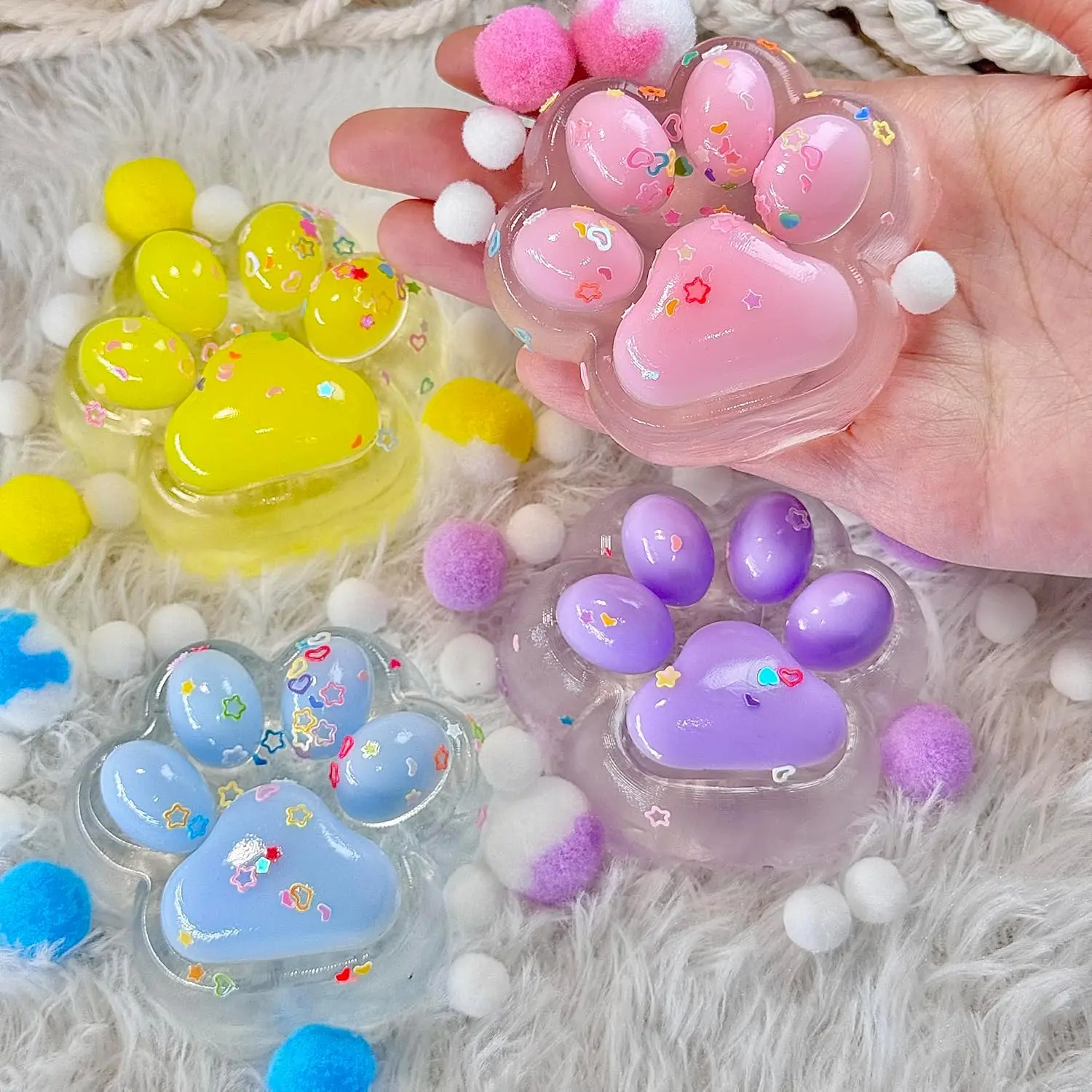 Cat Paw Squeeze Squishies - Cute Kawaii PVC Fur Ball Jelly Fidget Toys, Baby Powder Smooth Stress Squishy for Kids, Hand Washable Halloween & Carnival Theme Party Sensory Relief Toys