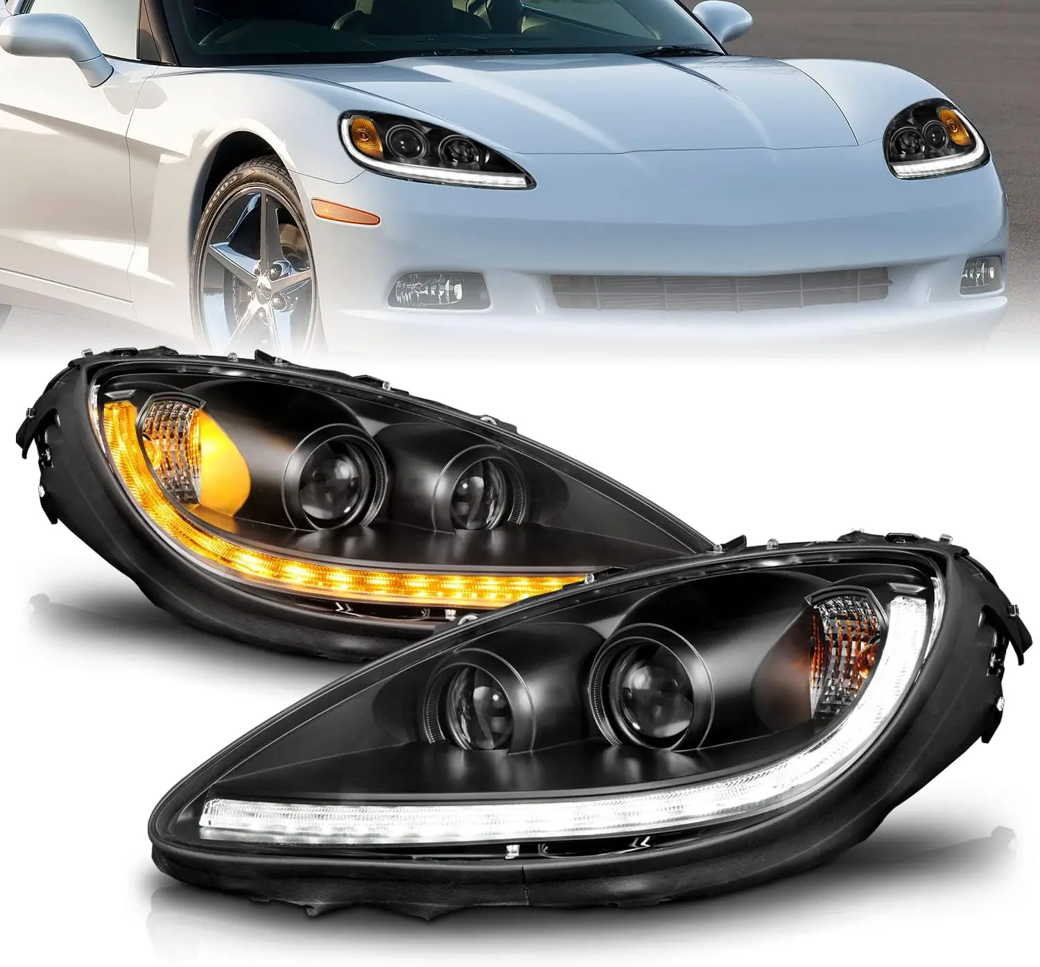 AmeriLite for 2005 06-2013 Chevy Corvette C6 SwitchBack+Sequential LED DRL Black Projector Headlights Set - Passenger and Driver Side