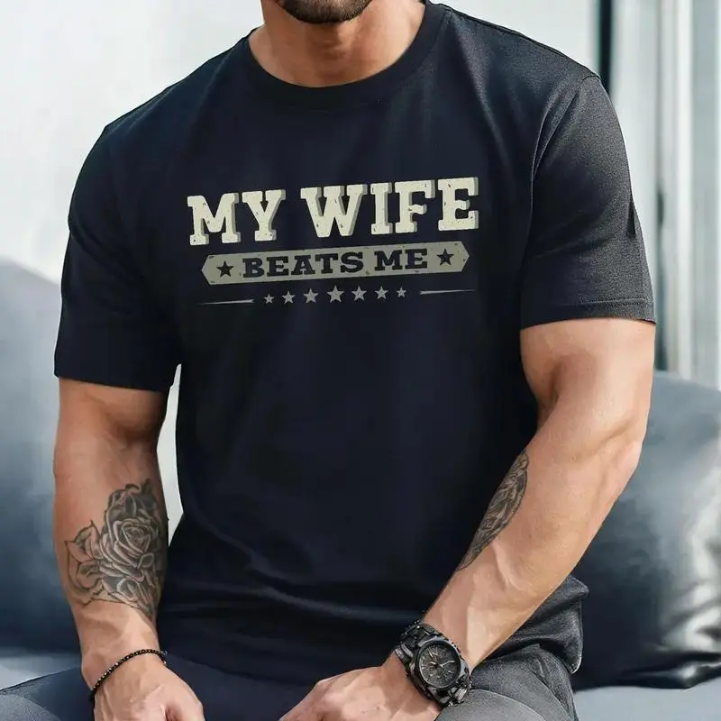 My Wife Beats Me Shirt, Husband Tshirt For Men, Vintage Husband Gift From Wife, Fun Hubby Tee, Short Sleeve Crew Neck Top, Crewneck Top Classic Cotton