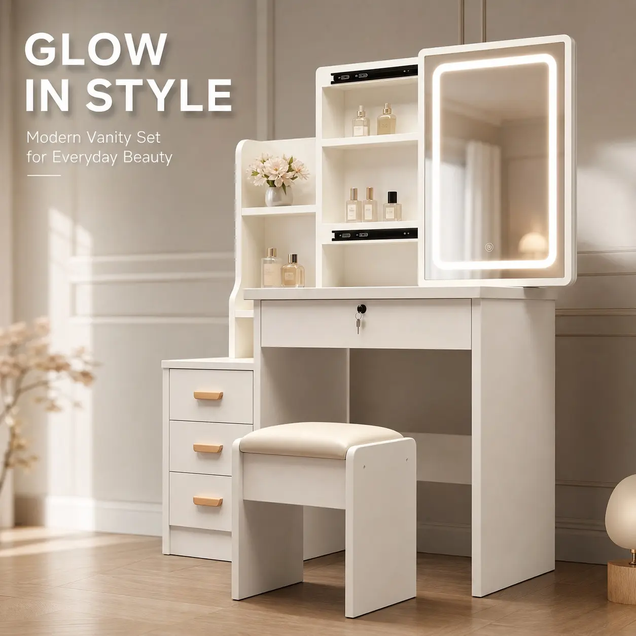 White Lighted Makeup Vanity Desk with Drawers, 3 Shelves and Chair, Large-Capacity Storage Organizer for Bedroom