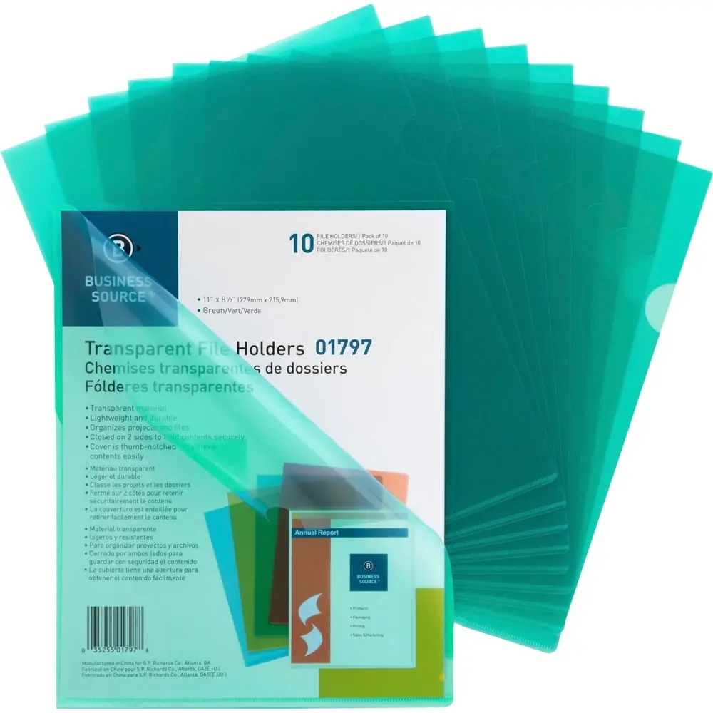 Business Source BSN01797BX Transparent Poly File Holders - Green, Letter Size (8 1/2" Width x 11" Length), 0.185mm Thickness, Closed on 2 Sides, Holds 20 Sheets, Organize and Protect Documents, Plastic