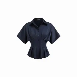 Cider Satin Collar Pleated Cinched Short Sleeve Shirt