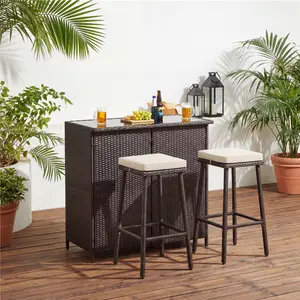 Costoffs Outdoor Rattan Bar Set 32-Inch Tall Stools with High-Density Foam Cushions Adjustable Foot Pads for Patio Poolside Garden Brown Rattan Khaki Cushion