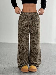 women's leopard print drawstring waist straight leg pants, casual pocket trousers for daily wear, ladies bottoms for all seasons, pants for women