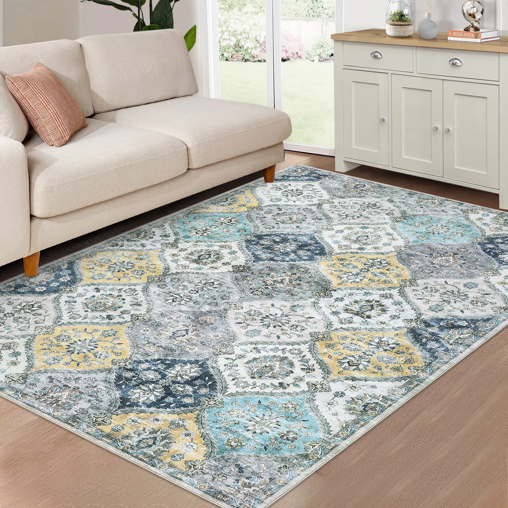 Garvee Machine Washable Vintage North African Trellis Runner Rug - Ultra-Thin Non-Slip TPR Backing - Mark Resistant, Non-Shedding Indoor Mat for Entryway/Hallway/Kitchen/Bathroom