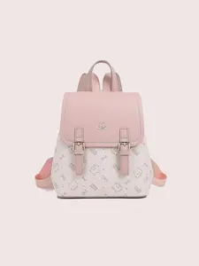 Cow&Kitty Kawaii Kitty Print Mini Compact Backpack for Women, Pink Cute Small School Bag, PU Leather Aesthetic Travel Daypack with Flap Closure, Inner Zipper Pocket and Adjustable Straps, Lightweight Fashion Backpack for Girls, Teens, Shopping, Daily Use