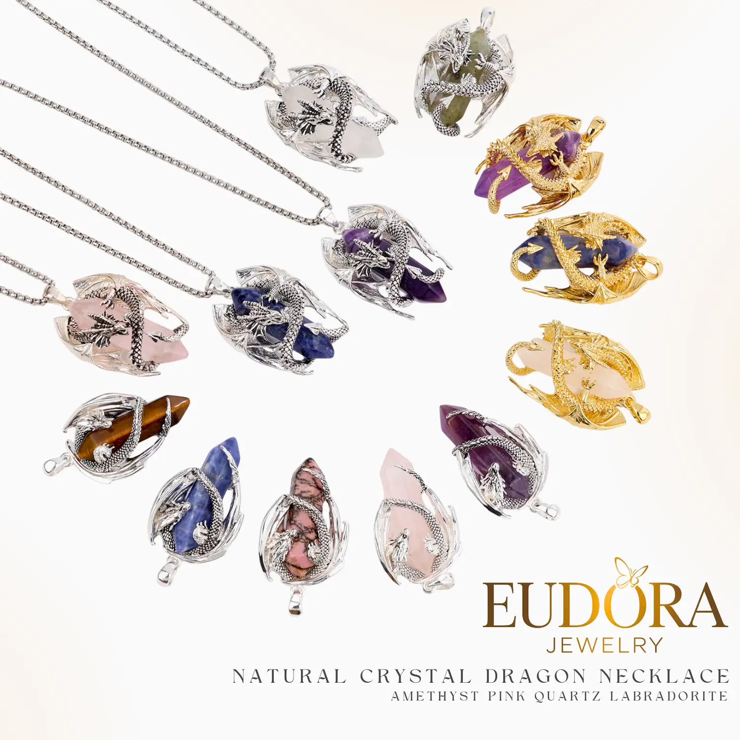 EUDORA Natural Crystal Dragon Necklace, Amethyst Pink Quartz Labradorite Pendant, Roaring Dragon Hexagon Design, Healing Crystal Jewelry Gift for Unis