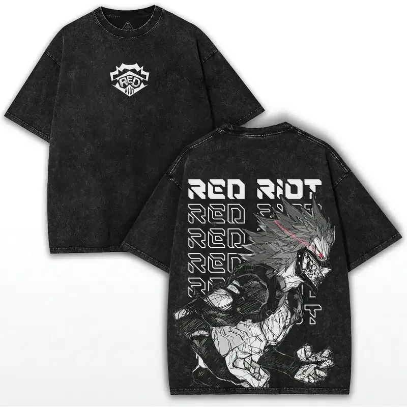 Black Washed My Hero Academia Eijiro Kirishima Red Riot Hardening Quirk Vintage Grunge Retro Anime Streetwear Graphic T‑Shirt for Men Women Oversized Short Sleeve Crewneck Cotton Tee Casual Top for My Hero Academia Fans and Daily Wear