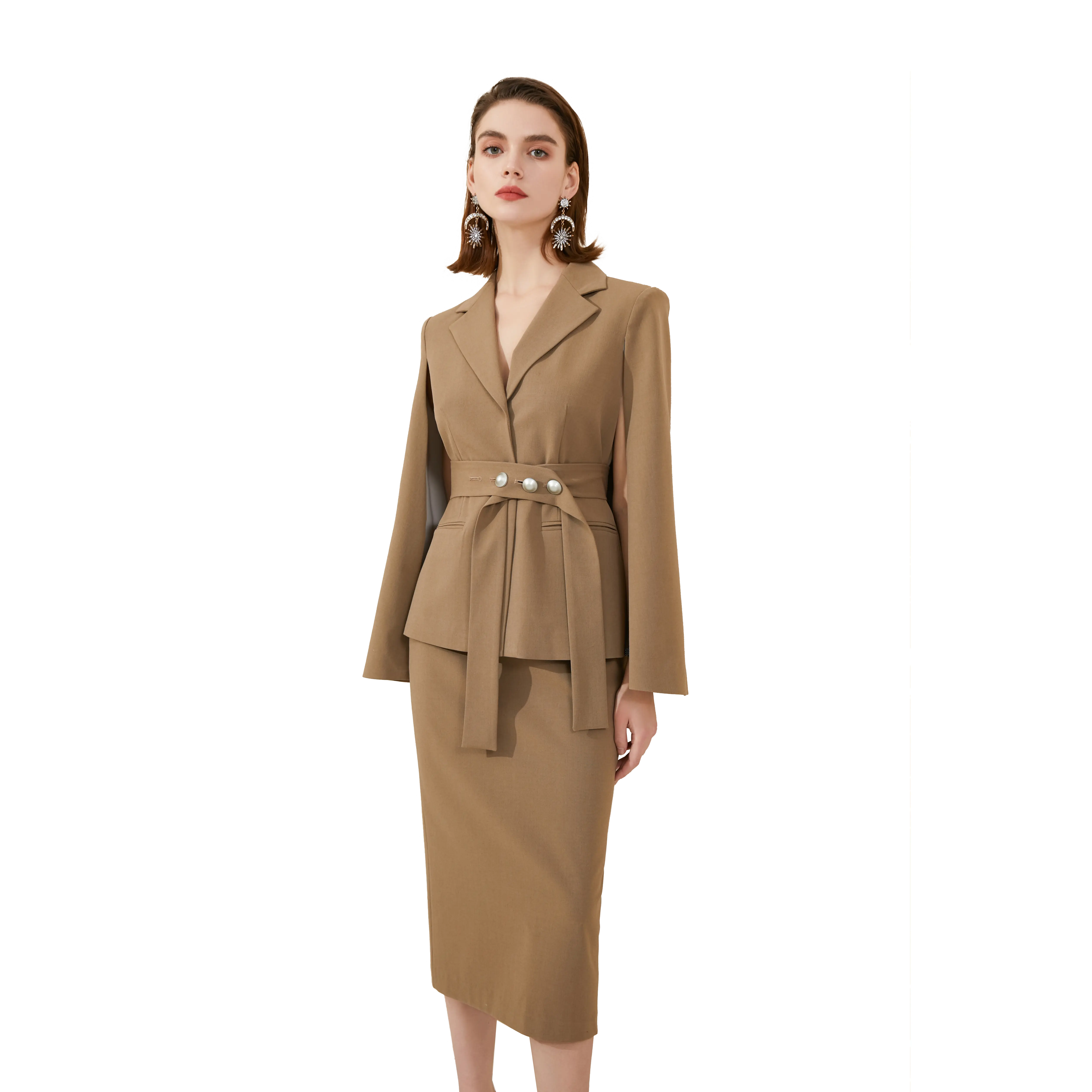 Chocolate Brown Cape Sleeve Blazer Skirt Suit