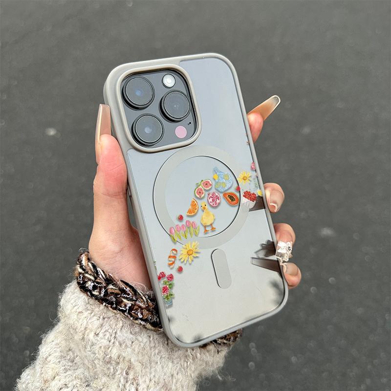 Adorable Duck Surrounded By Colorful Fruits Phone Case Featuring A Soft Tpu Back With Built-In Strong Magnet Ring, Blending Smooth Macaron Texture With Secure Magsafe Compatibility For iPhone 17 16 15 14 13 12 11 X XS