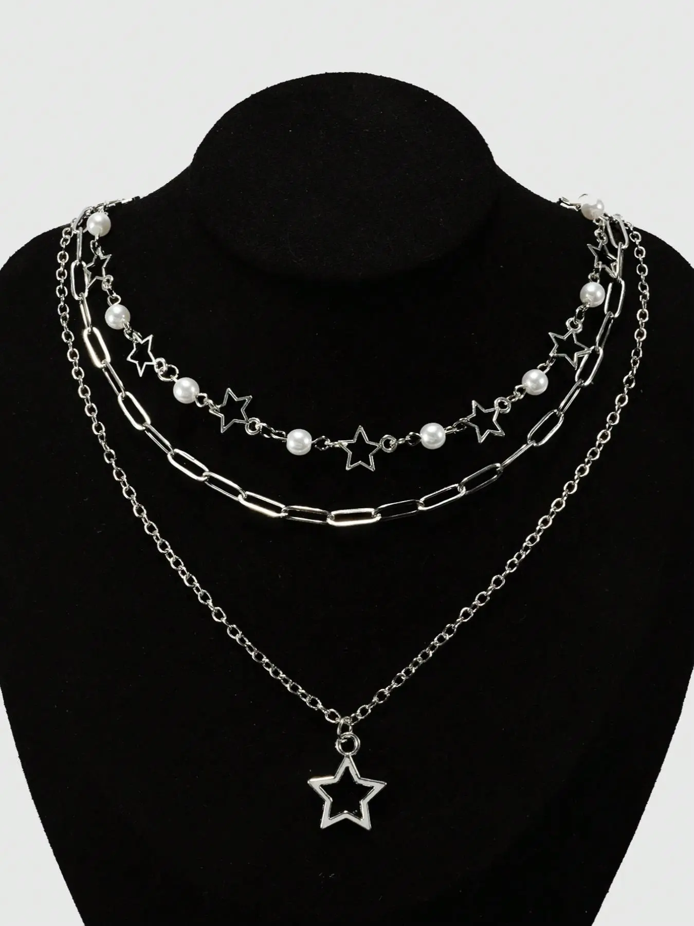 Punk Style Chain & Star Design Pendant Necklace (3pcs/set), Faux Pearl Decor Layered Necklace, Daily Wear Necklace, Accessories for Women & Girls, Trendy Fashionable Accessories, Jewelry for Birthday Gift, Non Tarnish Jewelry, Dainty Layering Jewelry