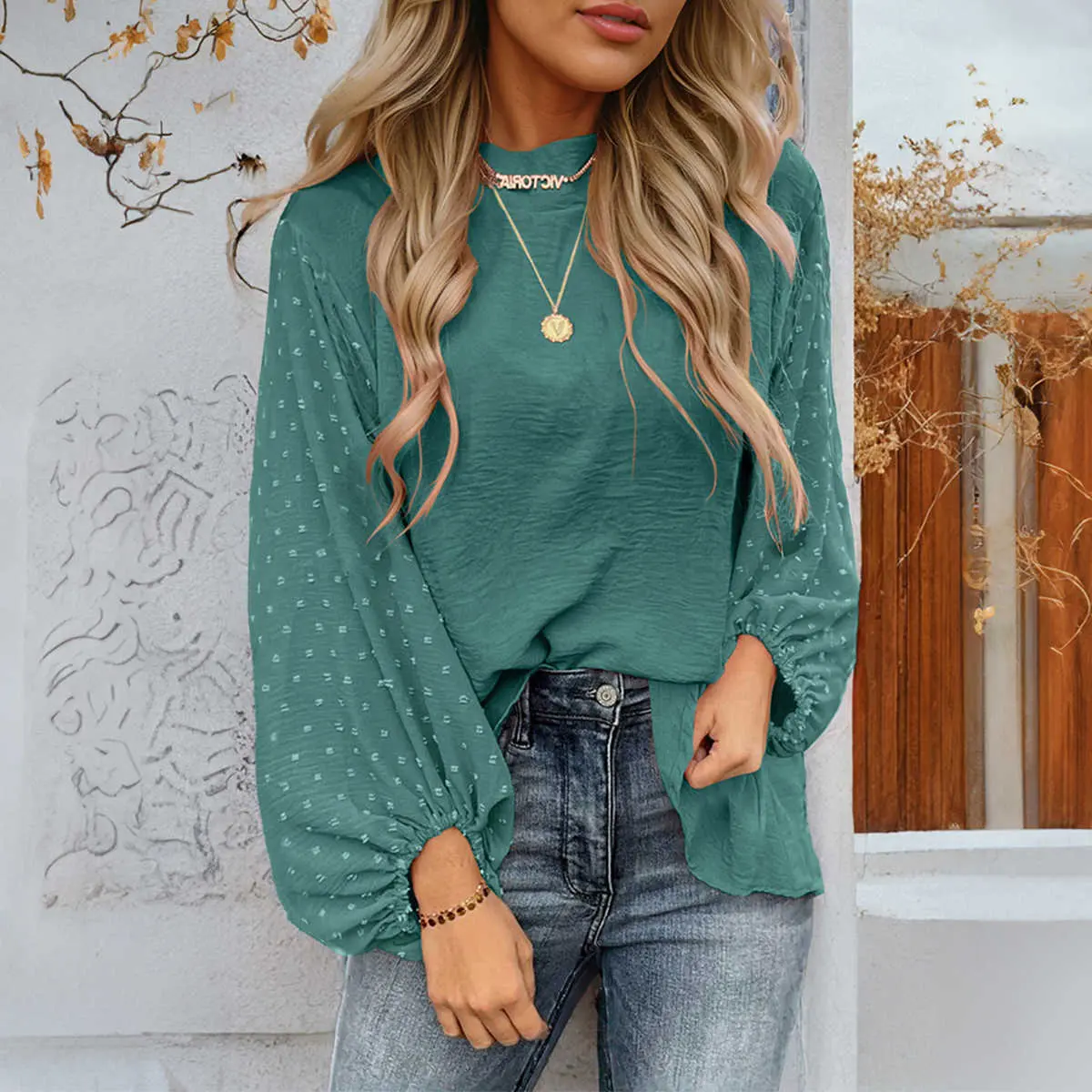 Skobeloff Swiss Dot Balloon Sleeve Loose Blouse