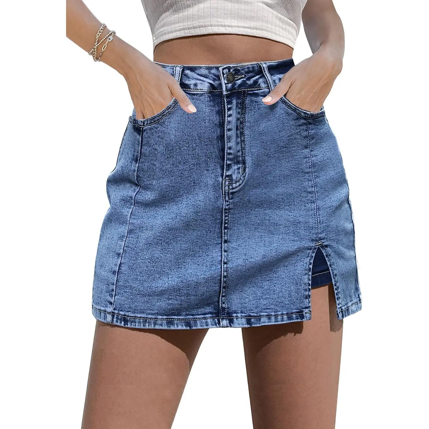 luvamia Jean Skort Women High Waisted Stretchy Denim Mini Skirt Side Slit | Jean Skirt with Shorts Underneath, Trendy, Stretch, Cute, Y2k, Denim Skorts, Jean Shorts, Country Concert Outfits for Women