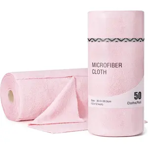 Microfiber Cleaning Cloth Roll 50 Pack, 12''×12" Reusable Paper Towels, Tear Away Microfiber Towels, Highly Absorbent, All-Purpose Washable Cleaning Rags for Kitchen, Window, Car, Shop (Pink)