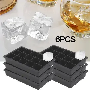 6 Pack Silicone Ice Cube Trays with Lid, Large Silicone Food Freezer Tray, 15 Cavity Big Square Block Ice Cube Molds for Freezer Containers, Reusable Ice Maker for Cocktails, Whiskey (Black)