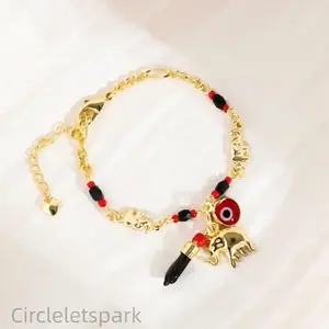 14K Real Gold Plated Elephant Evil Eye Bracelet Adjustable Bohemian Style Jewelry Hypoallergenic Daily Wear Anklet For Women Casual Beach Outfit Lucky Protection Accessory