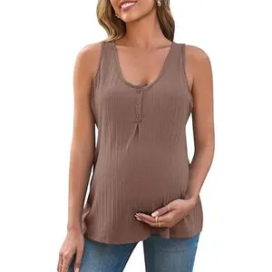 Tankaneo Womens Maternity Henley Tank Tops Summer Scoop Neck Ribbed Knit Sleeveless Shirts Casual Loose fit Pregnancy Clothes
