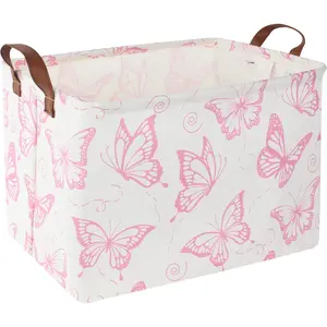 Pink Basket,Collapsible Cute Pattern Storage Bin,Waterproof Storage Box with Handles,Toy Gift Organizer,Shelf Basket(Pink Butterfly)
