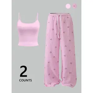 1-piece set of pink bow striped wide leg pants -2025 TikTok viral cute aesthetics! Sweet bow print, soft quilted fabric, comfortable and loose 🌸  Very suitable for # OOTD