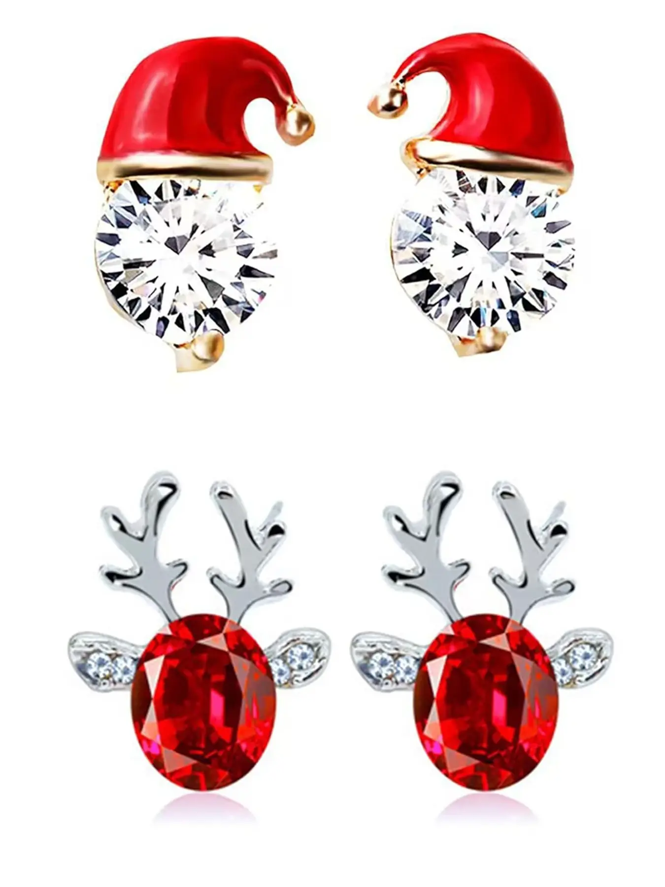 2 Pairs Women's Christmas Earrings, Girls Crystal Gemstone Santa Christmas Hat Earrings Luxury Christmas Reindeer Antlers Xmas Earring Stud Jewelry Gift Sets