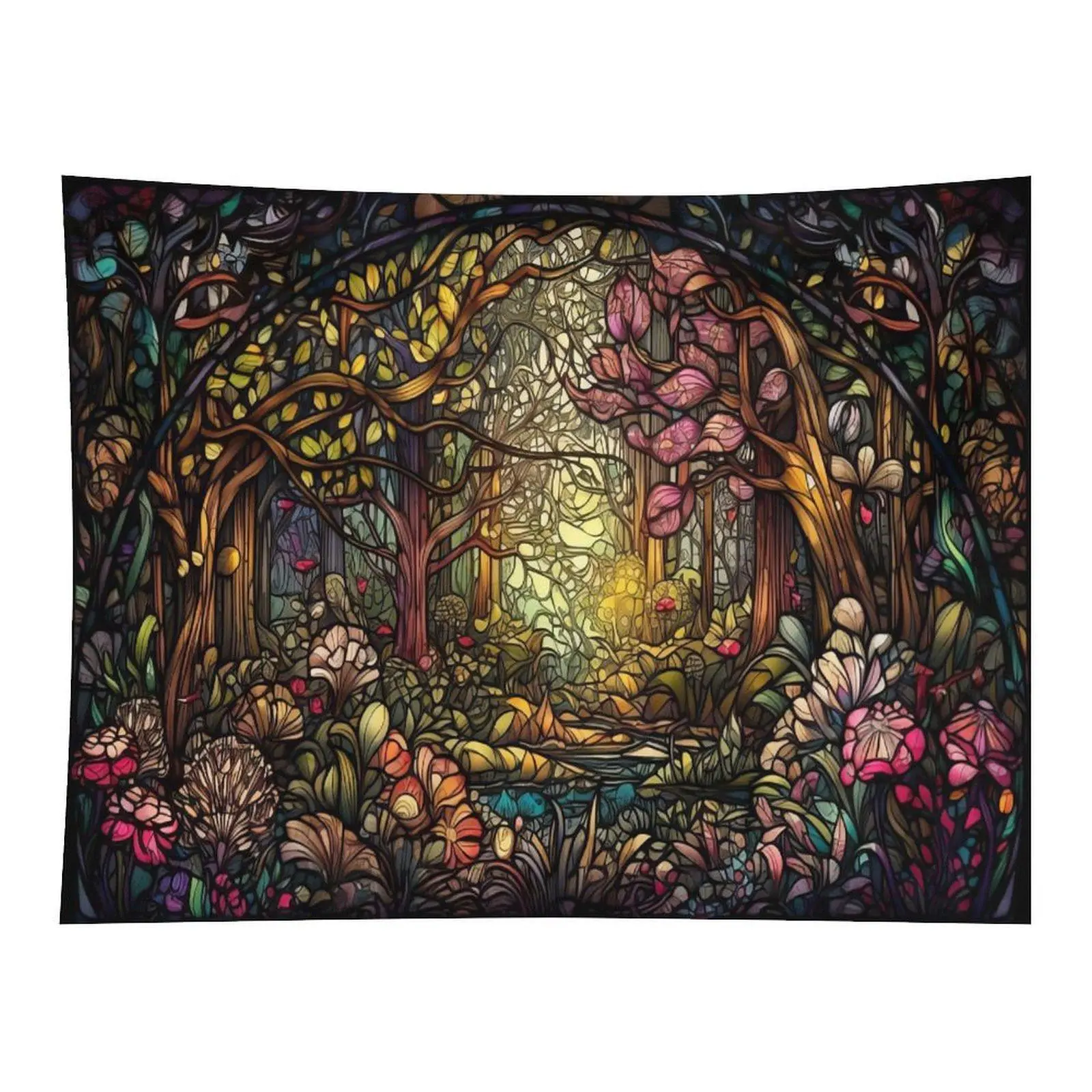 Colorful Stained Glass Enchanted Forest Floral Tree Wall Tapestry Wall Hanging, Magical Woodland Botanical Light Art Decor for Cottagecore Bedroom Dorm Meditation Space Wall Ornament