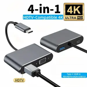 4-in-1 USB-C HUB with 4K@60Hz HDTV/VGA/PD 100W/USB 3.0, Type-C Splitter Adapter, USB C Dongle for MacBook Pro/Air, Samsung, Dell, HP, Chrome, Pixel, Nintendo, Huawei, Smartphones, Tablets