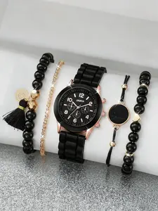 5PCS Women's Silicone Strap Fashionable Simple Dial Quartz Watch + Bracelet Set As A Gift For Students Returning To School