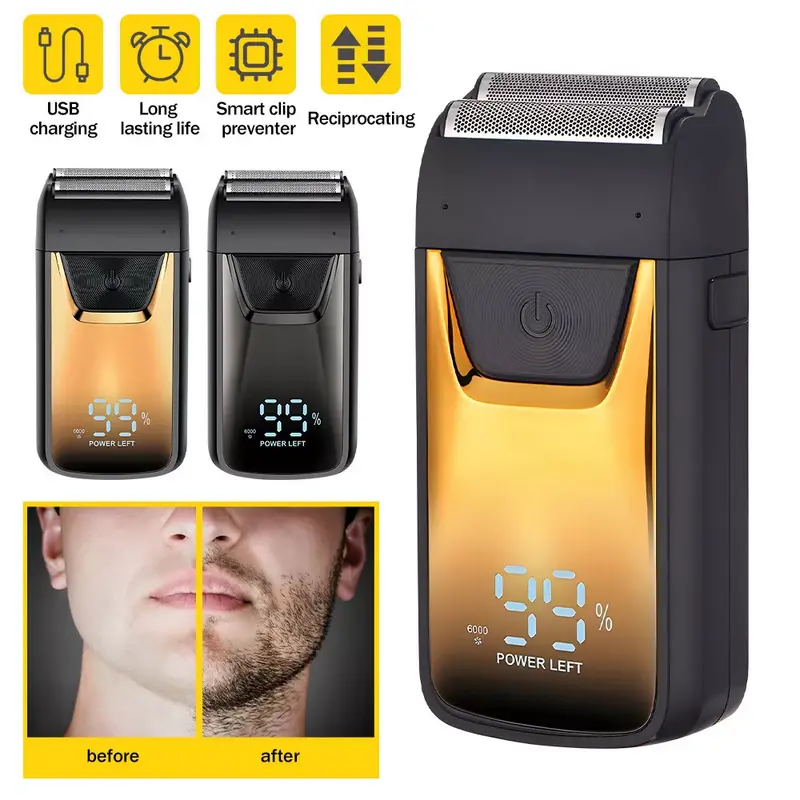 Men's Portable Cordless Electric Foil Shaver - Rechargeable Battery, Charging Cable, 2 Stainless Steel Blades, Floating Reciprocating Head, Hypoallergenic ABS Plastic, LED Display, Low Noise, Water Wash, Wet Dry Grooming Personal Care Appliance