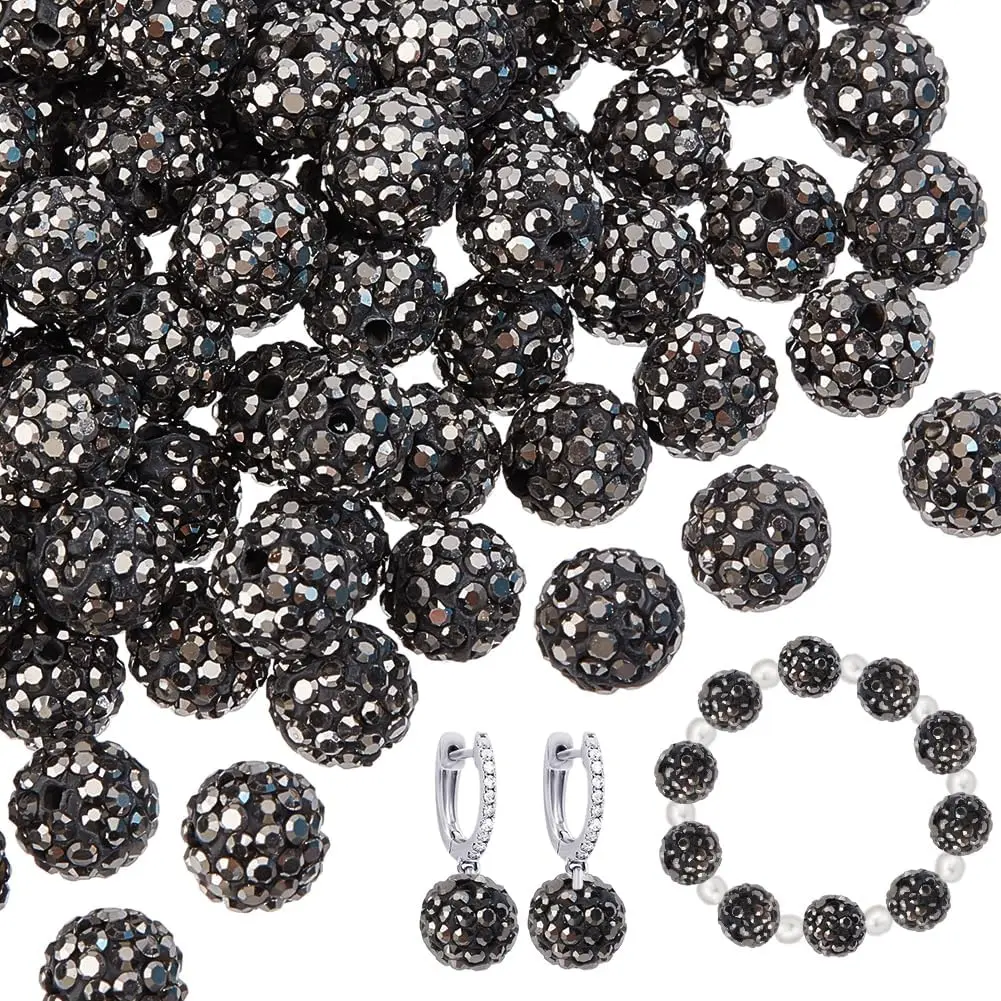100-Count 10mm Black Rhinestone Hematite Clay Polymer Pave Disco Ball Round Beads - Hematite Bead Assortments for Necklace, Bracelet Making & DIY Jewelry Craft Supplies