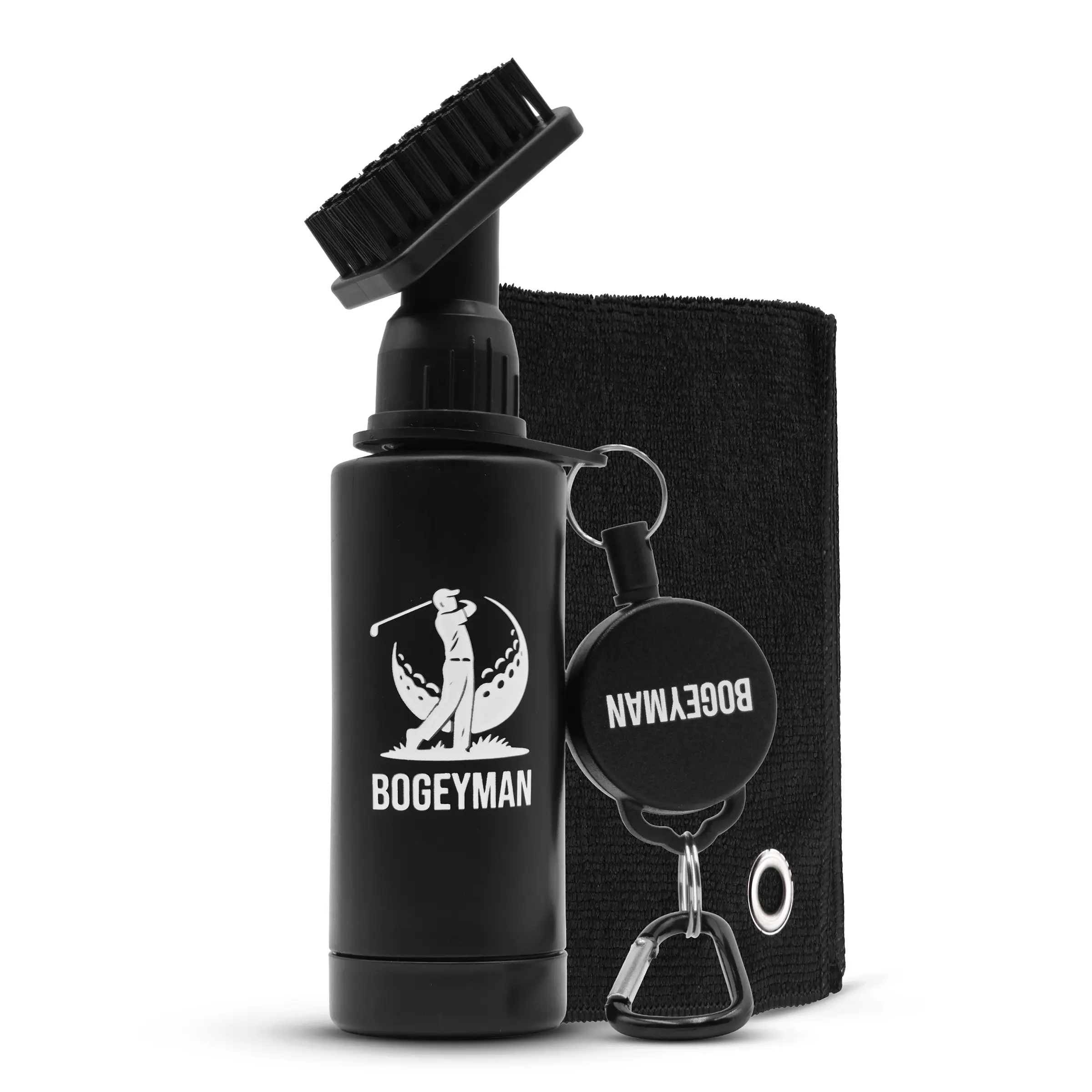 Bogeyman Golf Club Brush & Microfiber Towel Set - Retractable Clip - D-Ring Carabiner - Water Squeeze Bottle - Easy Cleaning