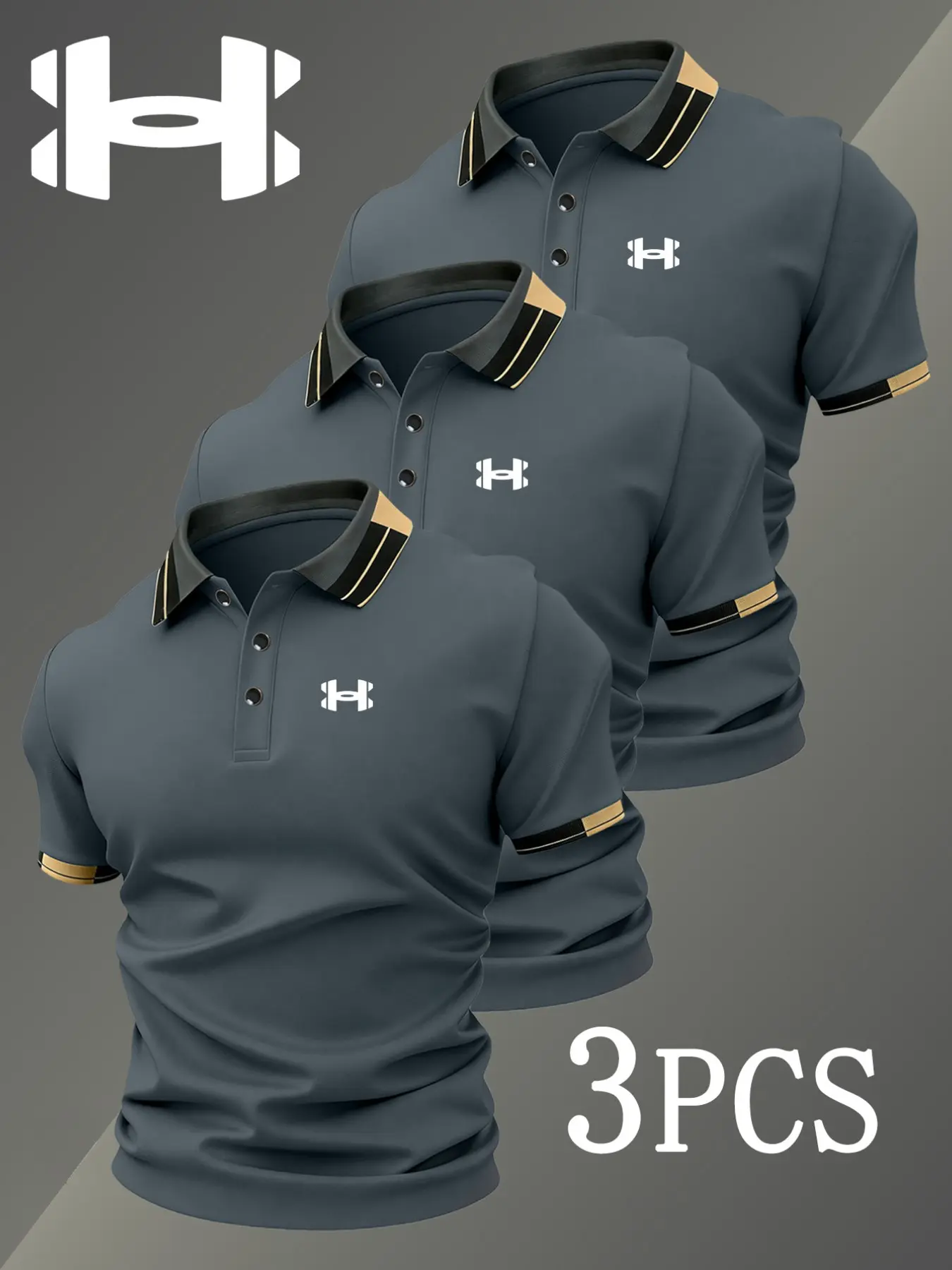 Men's Golf Polo Shirts Set, Fashion Logo Print, Fitted Trendy Casual Geometric Pattern, Breathable Stretchy Fabric, All-Season Comfort, Collared Polo Shirts