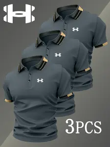 Men's Golf Polo Shirts Set, 4949 Fashion Logo Print, Fitted Casual Geometric Pattern, Breathable Stretch Fabric, All-Season Comfort, Collared Polo Shirts