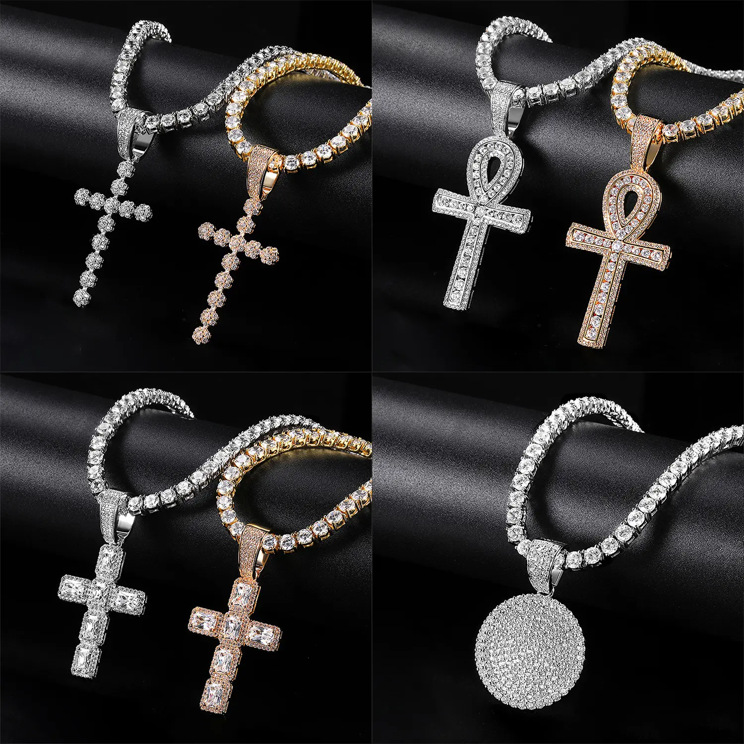 【Cross Pendant+ Full CZ Necklace】4MM CZ Brass Tennis Necklace Round Cubic Classic Hiphop Style Trendy Elegant For Women For Men chain