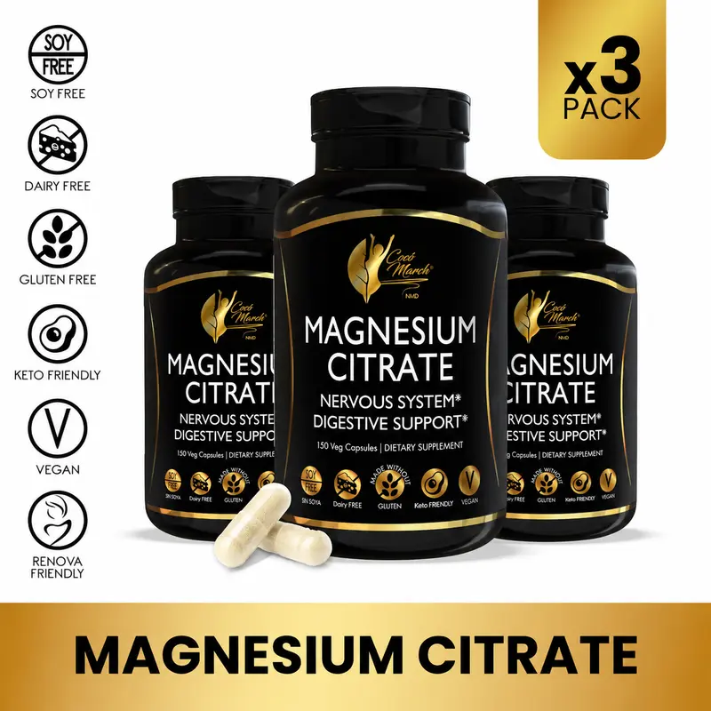 3 Bottles of Cocó March N.M.D Magnesium Citrate 500 mg per Serving 150 Capsules per Bottle - Relaxation-Sleep-Nervous & Digestive System Support | Gluten Dairy and Soy Free Supplement