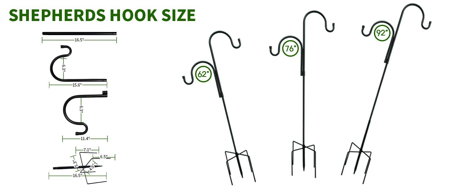 Double Shepherds Hooks for Outdoor,62 Inch/76 Inch/92 Inch, 2-Pack Heavy Duty Garden Pole for Hanging Bird Feeder, Plant Baskets, Solar Light Lanterns, Garden Plant Hanger Stands with 5 Base Prongs