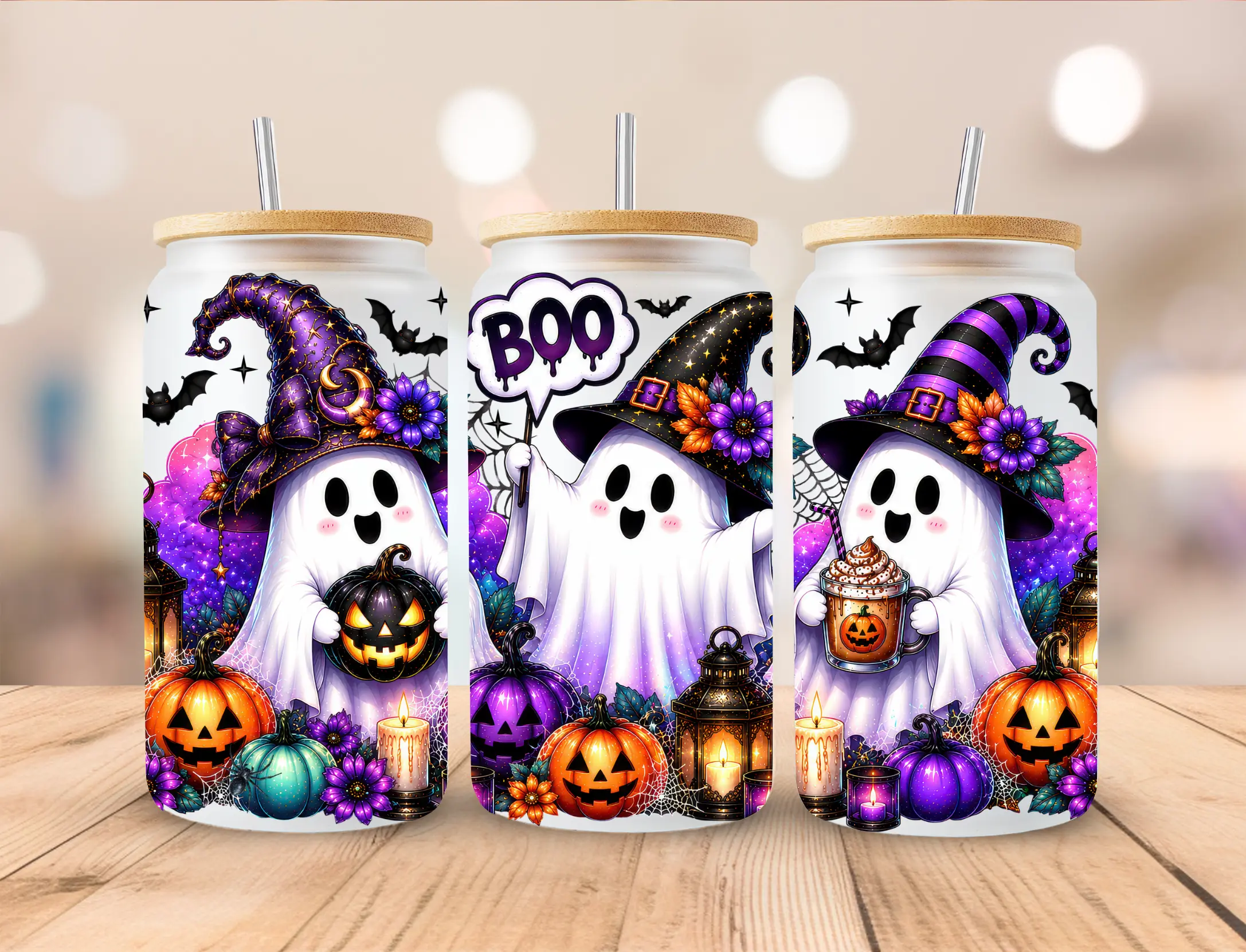 Cute Ghost 16oz Frosted Glass Can with Lid and Straw
