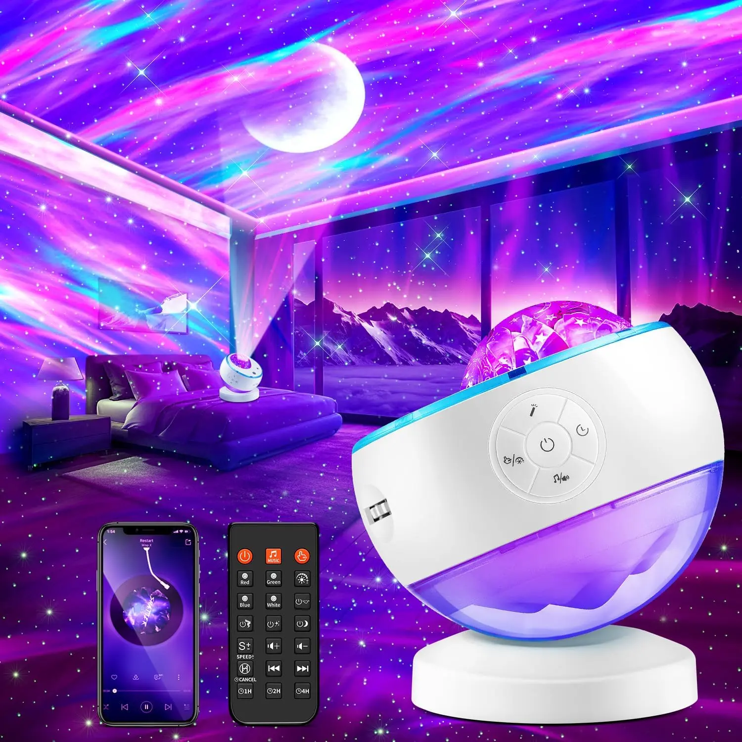 One Fire Northern Lights Projector,16Color Galaxy Projector for Bedroom, 15 White Noise Galaxy Projector, 5Moon Star Projector, Bluetooth  ambient  Light Projector, Remote Timer Star Lights Audio mood lighting aurora Night Light,summergarden