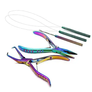 Professional Hair Extension & Beading Tool Kit Remove Plier Set for beads (4 Piece) I-Link Micro Ring Loop Needle Pulling Hook Threader Wire Silicone