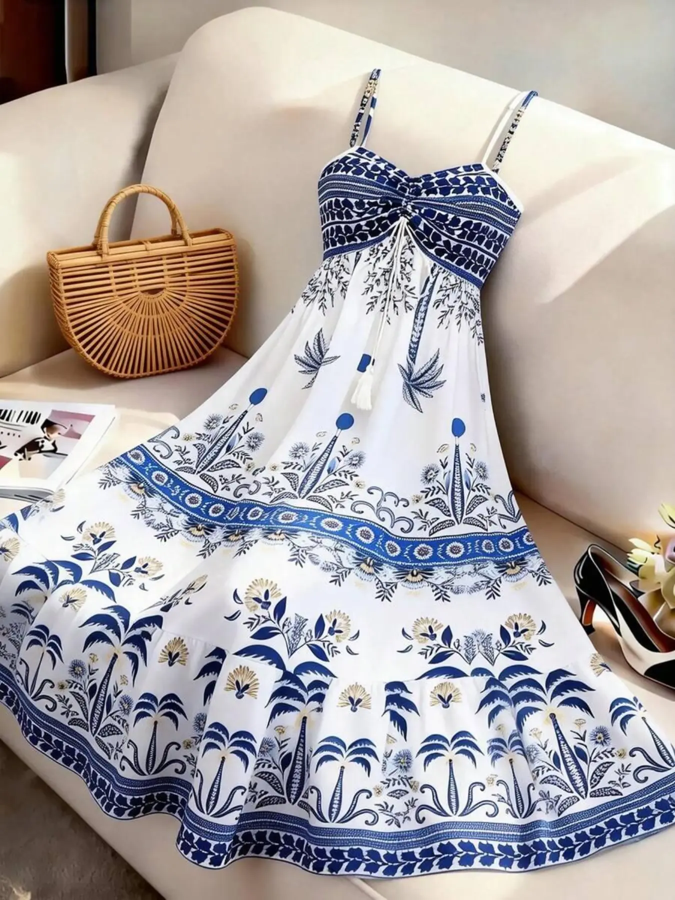 Women's Printed Thin Strap Tie Waist A-Line Dress, Spaghetti Strap, Casual Office, Vacation, Fashion Date, French Street Style, Bohemian, Summer New Arrival