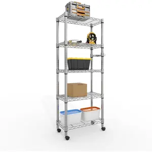 5 Tier Metal Shelving with Lockable Wheels, Heavy Duty Metal Storage Shelves Wire Rack Shelf, NSF Certified, Rolling Storage Rack for Kitchen Garage Basement, 1100 Lbs Capacity