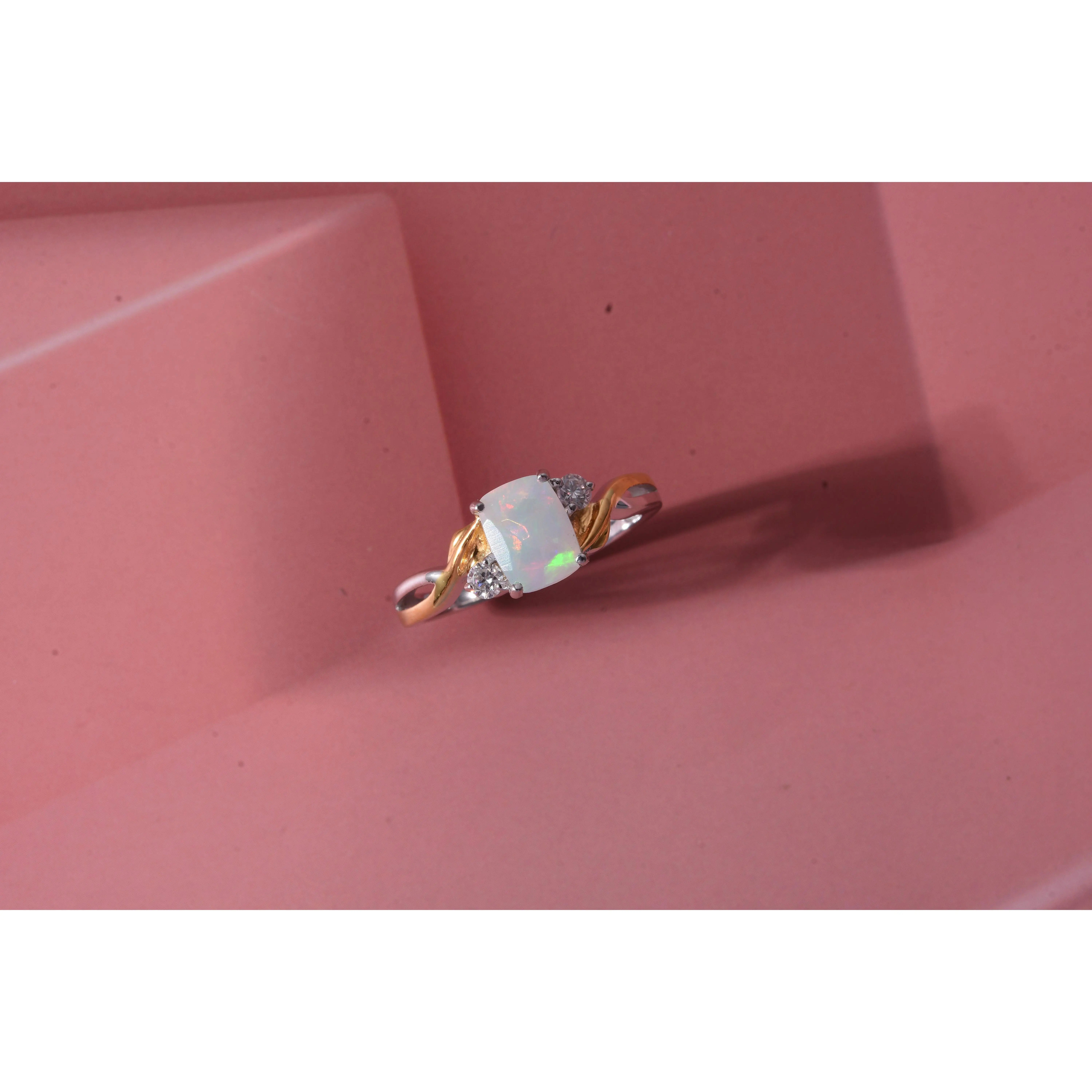 D'Joy Premium Ethiopian Welo Opal, Moissanite Ring in 14K YG Over Sterling Silver (Size 10.0) 1.00 ctw