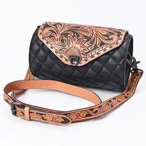 Cross body Bag Hand Tooled Floral Carved Quilted Genuine Leather Western Barrel Bag
