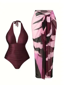 【Plus Size】 Solid One-piece Swimsuit & Patchwork Print Summer Swimming Cover Up Skirt Set, Beach Sun Protection, Vacation Essential, Women's Swimsuits, Bathing Outfits, Swimsuit Cover Ups