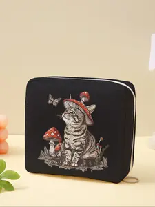 Portable Cat Pattern Sanitary Pad Storage Bag, Lightweight Women's Organizer, Travel Cosmetic Box, Cute Random Print, All Seasons, Travel Cosmetic Bags, Travel Makeup Pouch