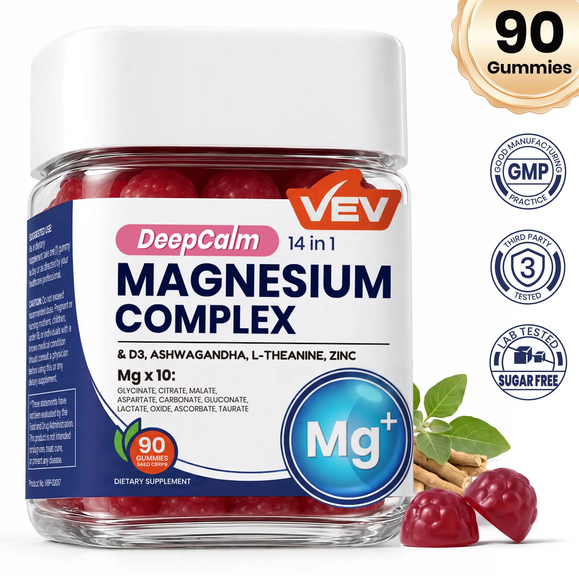 VEV DeepCalm Magnesium Complex Gummies, 14-in-1 Magnesium Citrate with Ashwagandha, L-Theanine, Vitamin D3 & Zinc, Sugar Free, Sleep Support, 90 Count