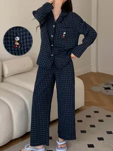 Cute Cartoon Pattern Pajama Set for Women, Casual Lapel Plaid Sleepwear, Loungewear, Comfortable Woven Home Clothes for Spring & Fall Seasons