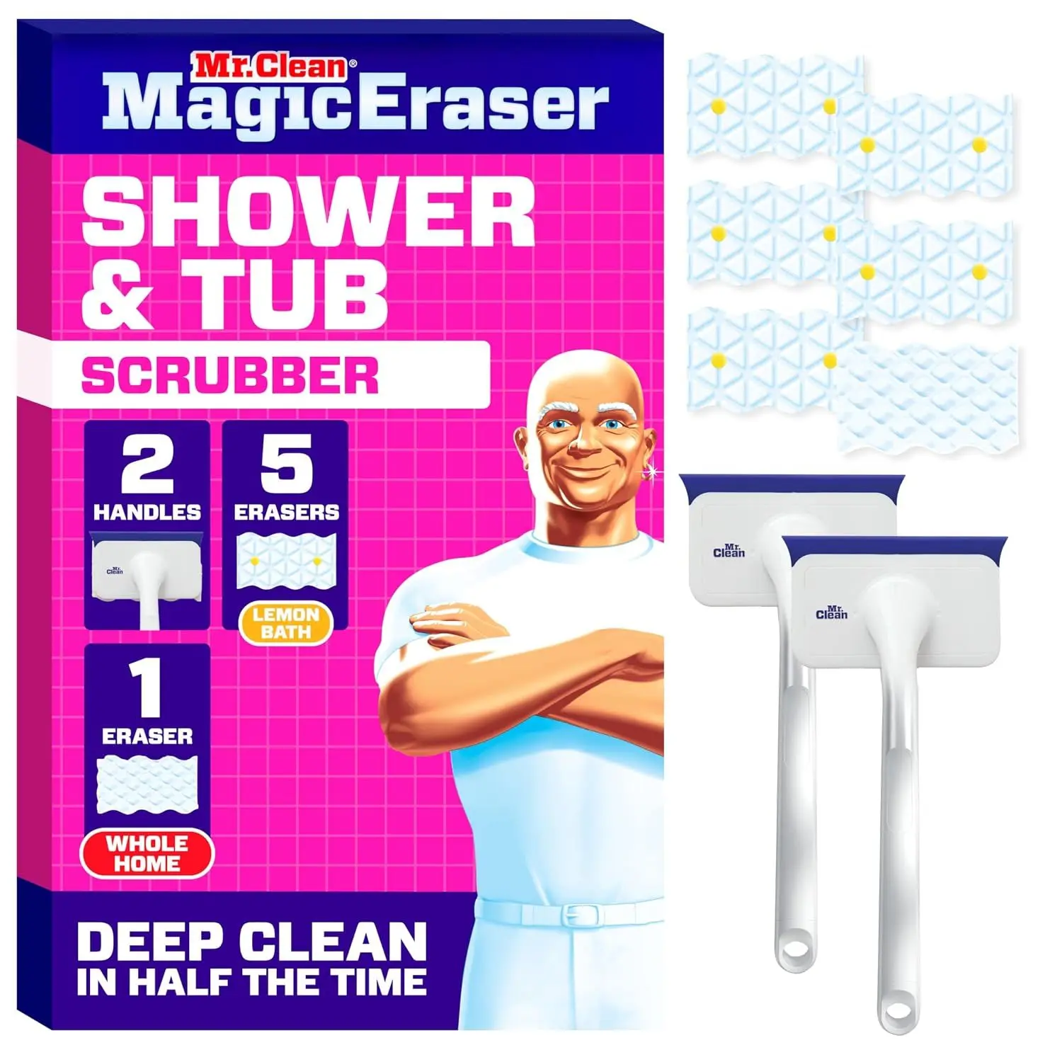 Mr. Clean Magic Eraser Shower & Tub Scrubber, Bathroom Cleaner, All in One Bathroom Cleaner, Lemon Starter Kit, 1 Scrubber & 2 Foaming Magic Erasers