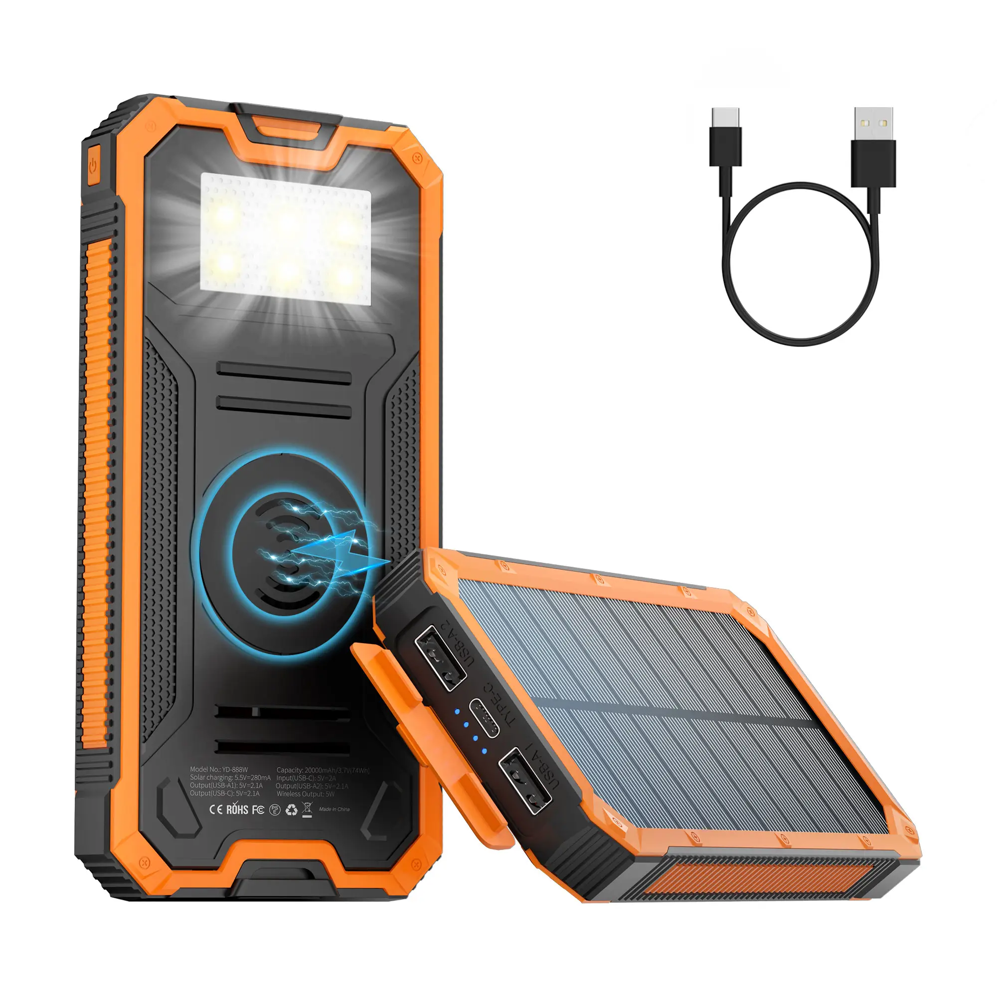 Wireless 20000mAh Solar Power Bank with 3 ports Output, built in Flashlight, and High Capacity for Outdoor waterproof and More Charge Phones and Mult