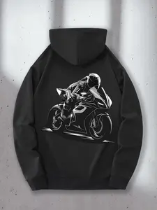 Men's Motorcycle Graphic Hooded Sweatshirt - Black Motorcycle Rider & Print Pullover Hoodie with Kangaroo Pocket, All-Season Casual Streetwear & Cycli japanese retro